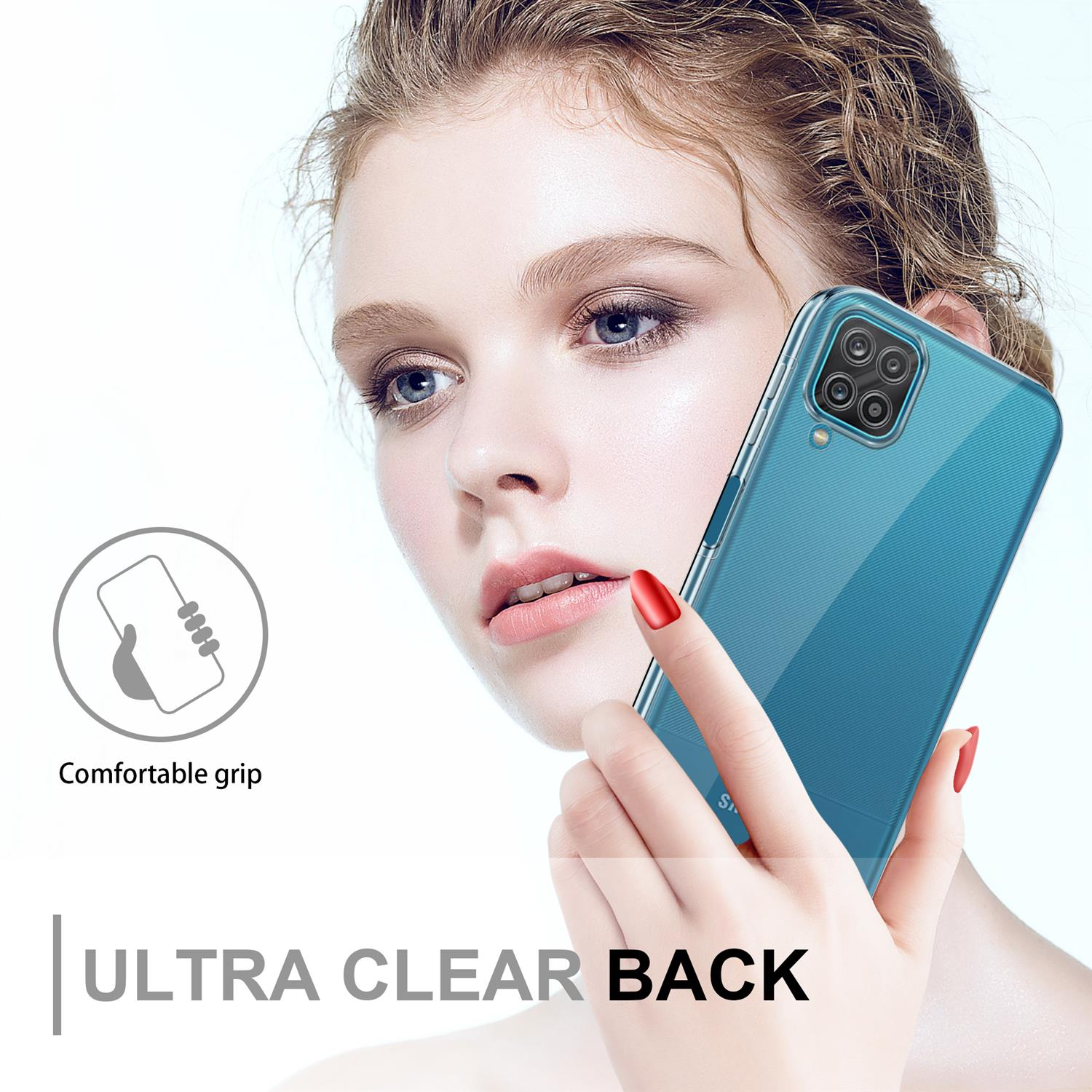 Frau hält blaue Handyhülle. Text sagt "ULTRA CLEAR BACK". Bequemes Griff-Symbol.