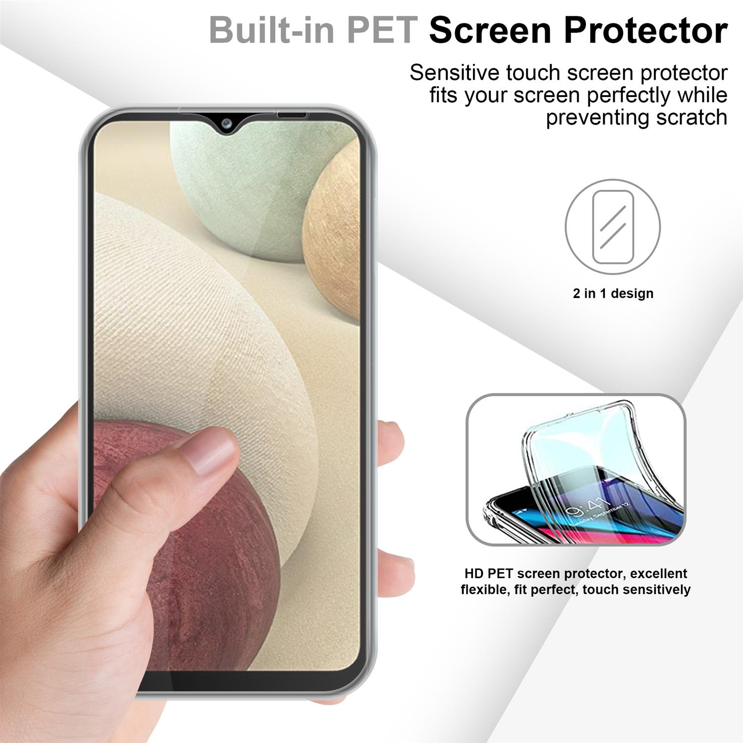 Telefon in einer transparenten Hülle, gehalten von einer Hand, zeigt Displayschutz und Text: Built-in PET.