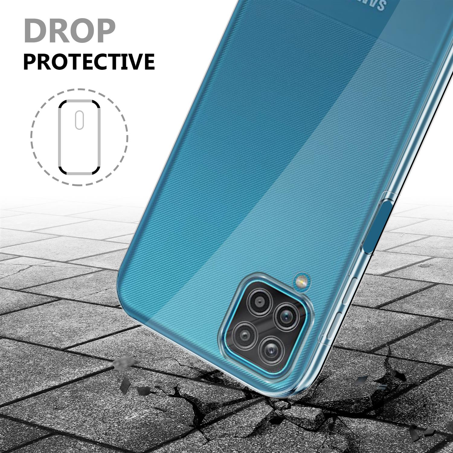 Eine blaue Handyhülle auf einer strukturierten Oberfläche, mit dem Label 'DROP PROTECTIVE'.