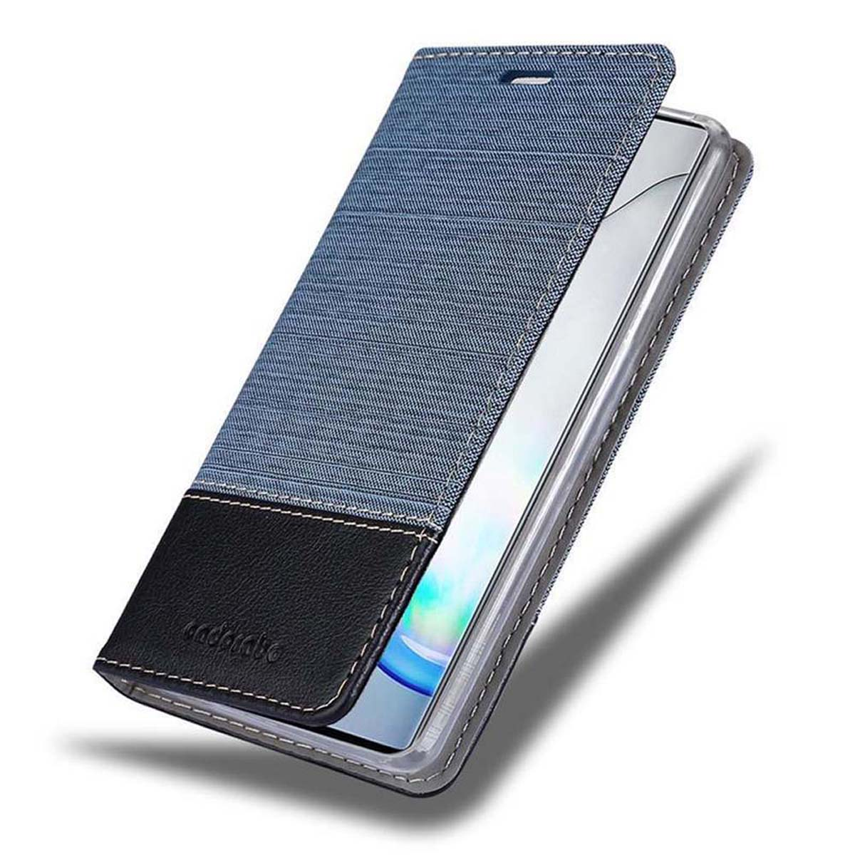 Handyhülle mit denimartigem Bezug. Das Telefon befindet sich in der Hülle.