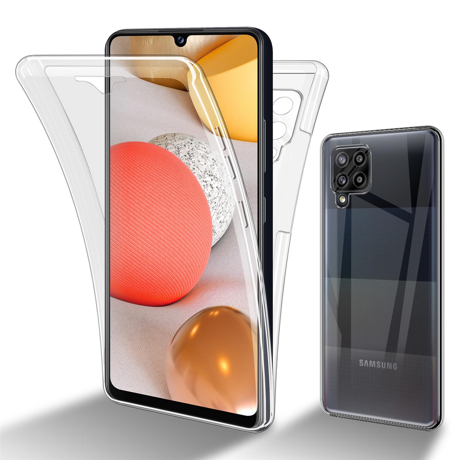 Custodia trasparente per telefono che protegge un telefono Samsung nero. Il telefono è visibile.