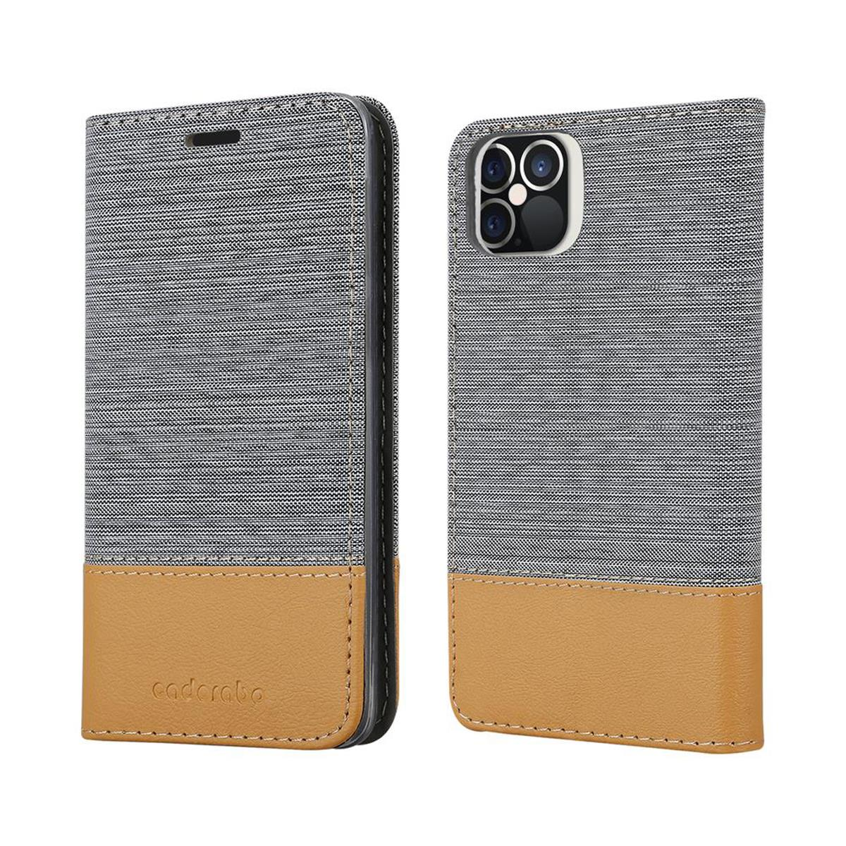 Ein zweiteiliges Handycase, grau und braun, links geschlossen und rechts offen.