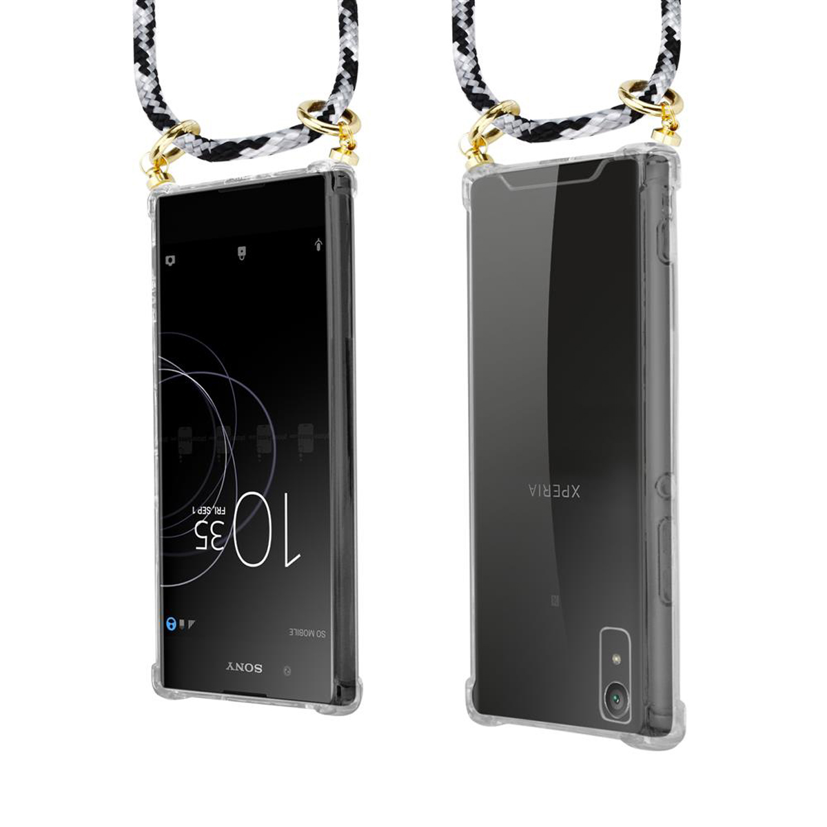 Zwei Telefone in transparenten Hüllen mit geflochtenen Lanyards. Das linke Telefon zeigt die Uhrzeit 10:35.