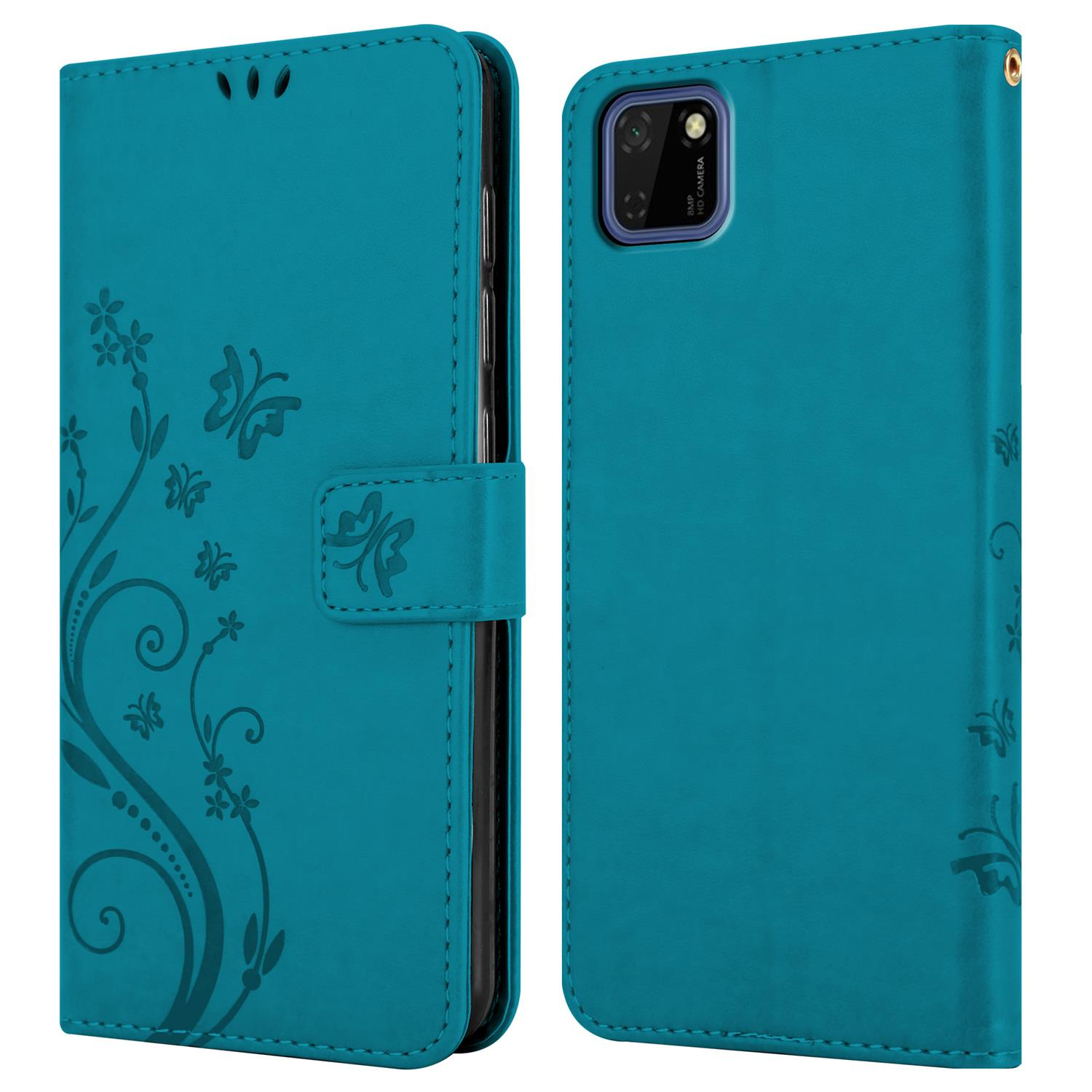 CADORABO Hülle Blumen / Case, FLORAL Flower Huawei 9S BLAU Honor, Bookcover, Y5P, Muster