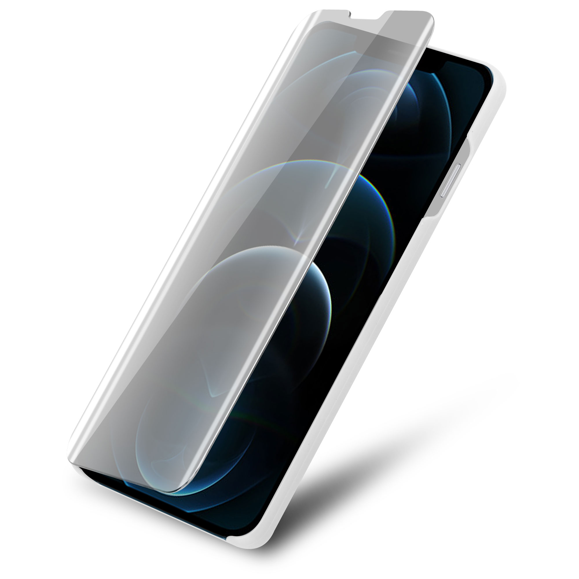 Telefono con protezione schermo parzialmente aperta. Telefono bianco con protezione trasparente.