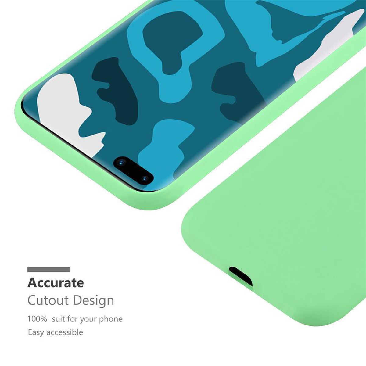 Un telefono in una custodia verde chiaro. Il design della custodia del telefono ha un motivo mimetico blu.