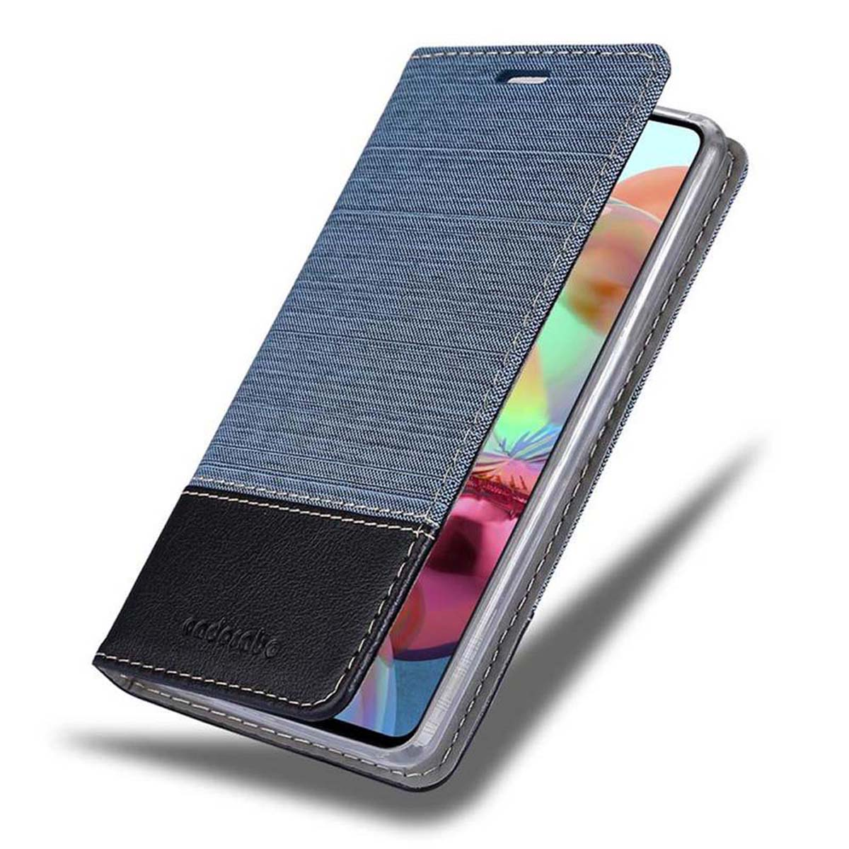 Custodia per telefono in denim e nera, aperta, che mostra il telefono all'interno.