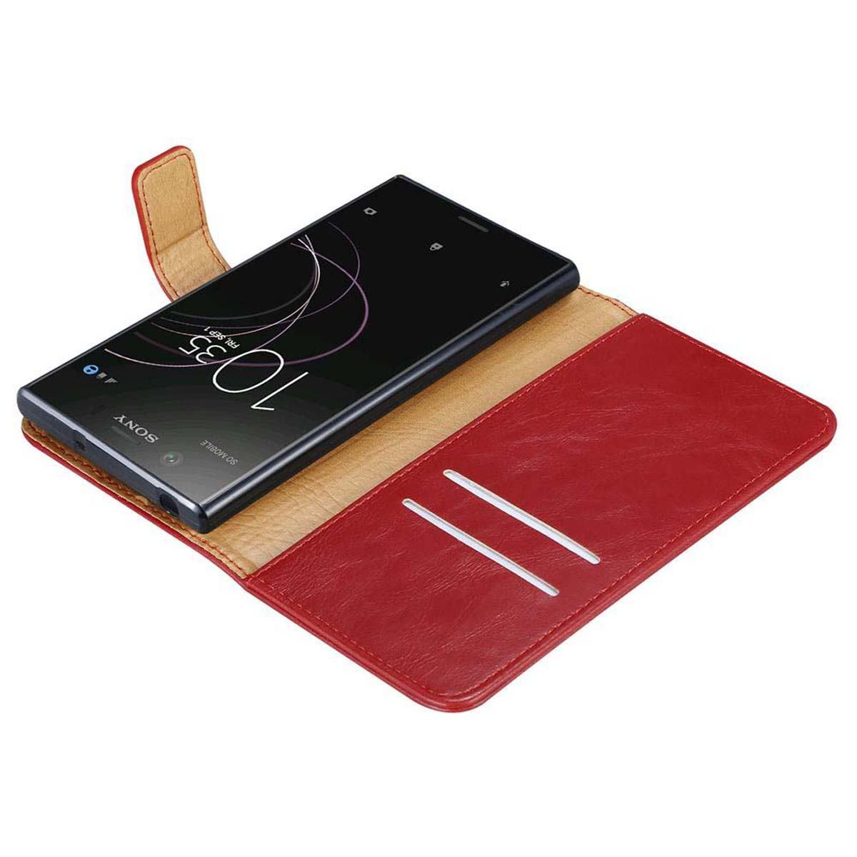 Custodia del telefono aperta. Il telefono è dentro. La custodia è rossa e beige. Lo schermo è acceso.