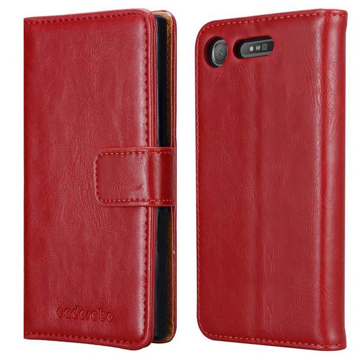 Due viste di una custodia per telefono in pelle rossa. Mostra la copertura anteriore chiusa e il retro con ritaglio per la fotocamera.