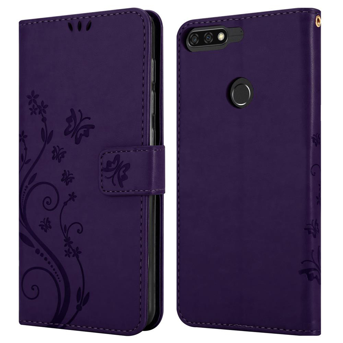 Custodia per telefono viola, aperta e chiusa, con un design floreale. La custodia è a flip.