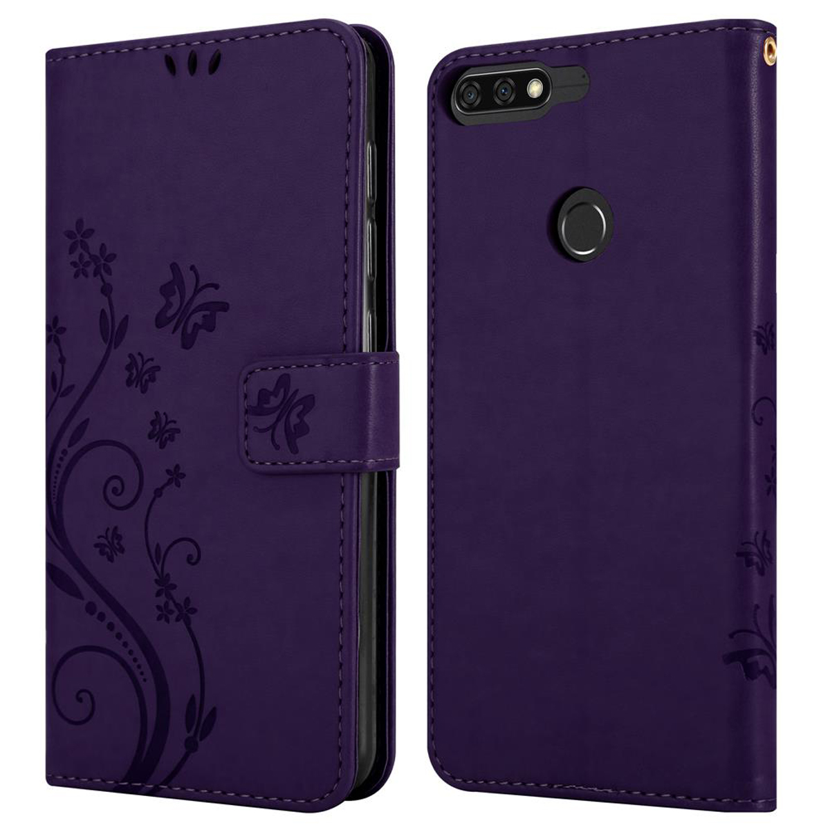Custodia per telefono viola con design floreale. È una custodia a portafoglio. Sfondo bianco.