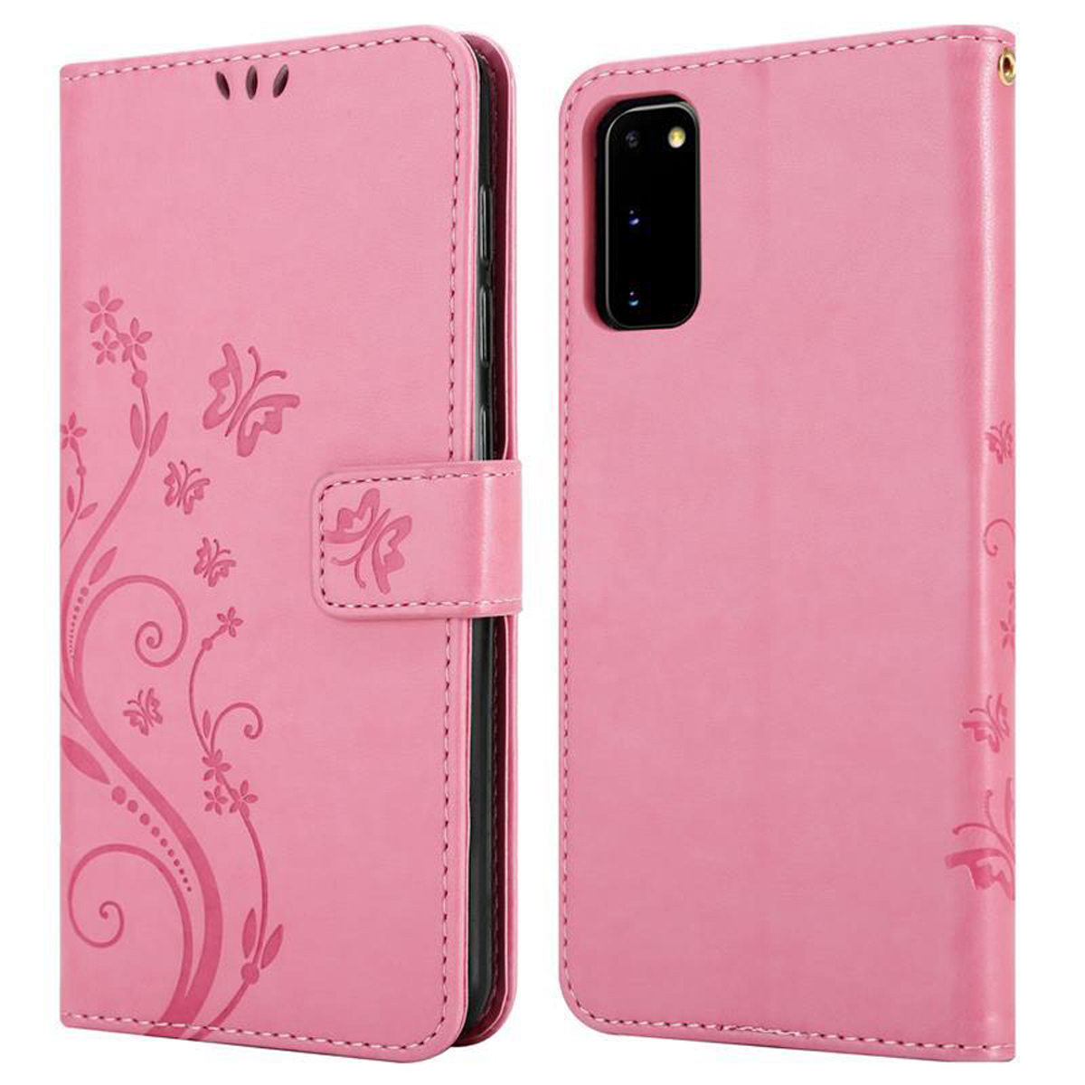 Rosa Handyhülle, geschlossen und offen. Mit floralem Design und Magnetverschluss.