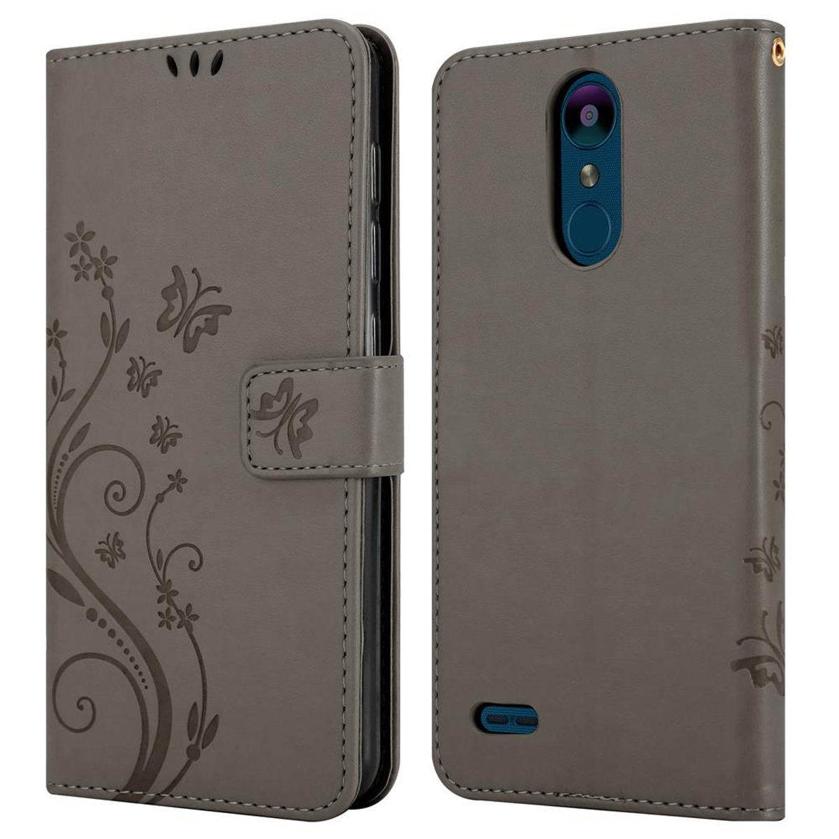 Custodia per telefono grigia in stile portafoglio. Ha un design floreale e una chiusura magnetica.