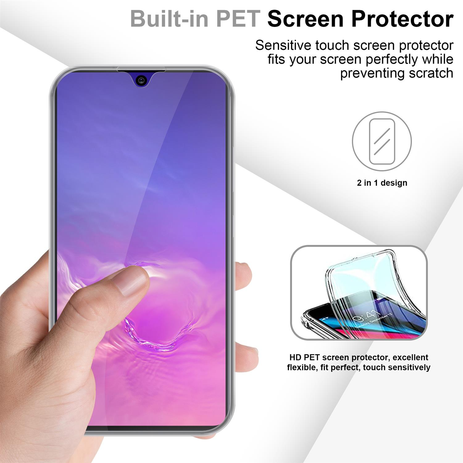 Una mano che tiene un telefono con un proteggi schermo e testo sulla protezione.