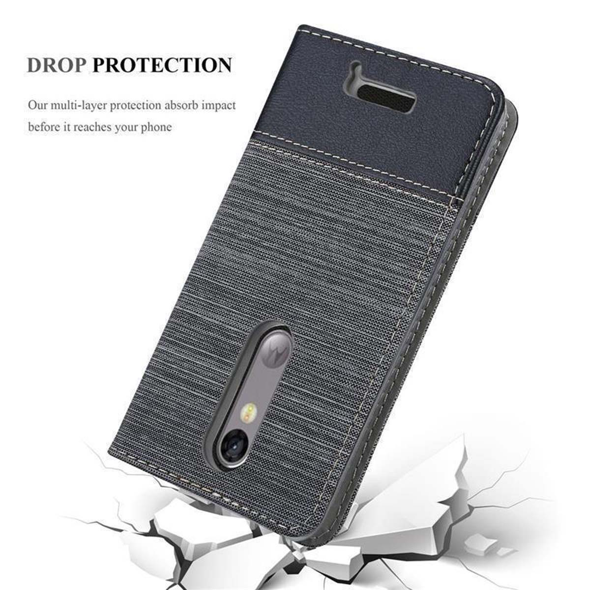 Custodia nera e grigia per telefono su cemento rotto. Testo: DROP PROTECTION.