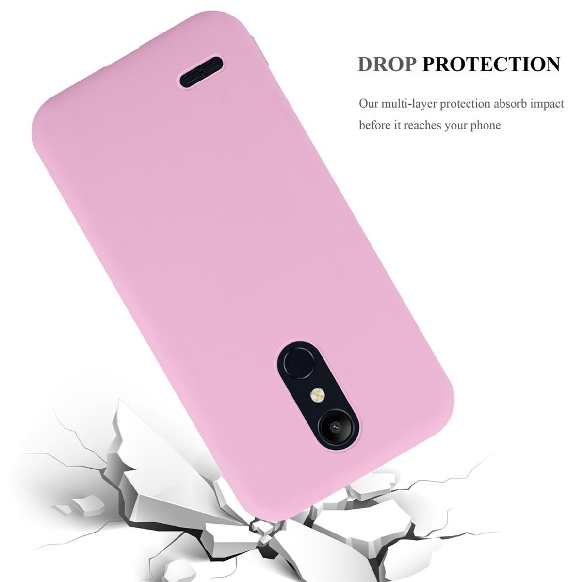 Custodia rosa con telefono, angolata su una superficie che si sta rompendo.