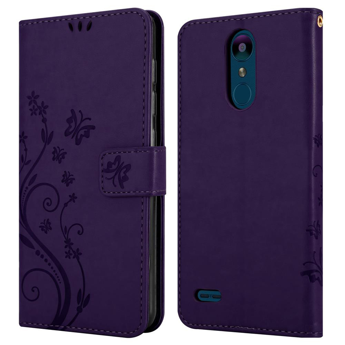Custodia viola con design floreale e un telefono all'interno, la cover aperta.