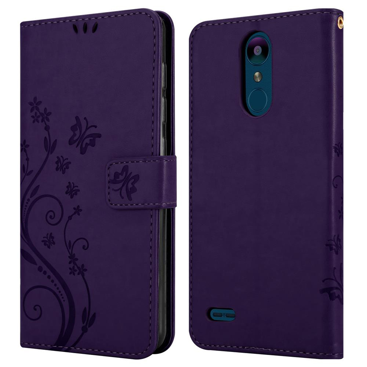 Custodia viola per telefono, vista anteriore e posteriore. Design floreale sul davanti, fotocamera e pulsanti visibili.