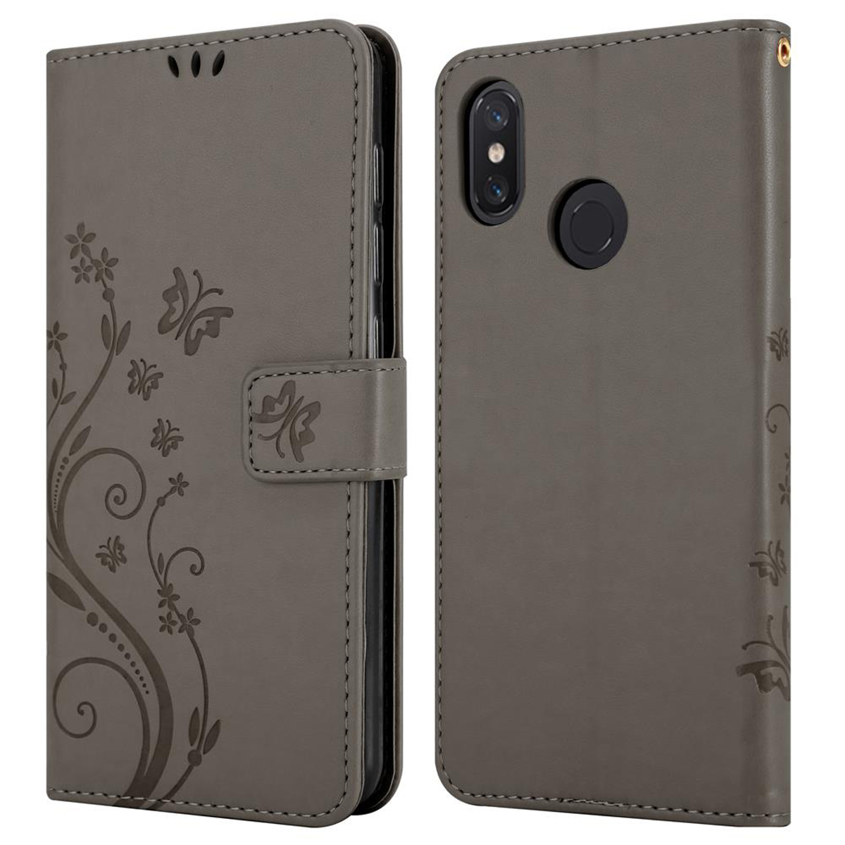 Custodia grigia per telefono con design floreale, chiusa e aperta. Presenta motivi a farfalla e fiori.