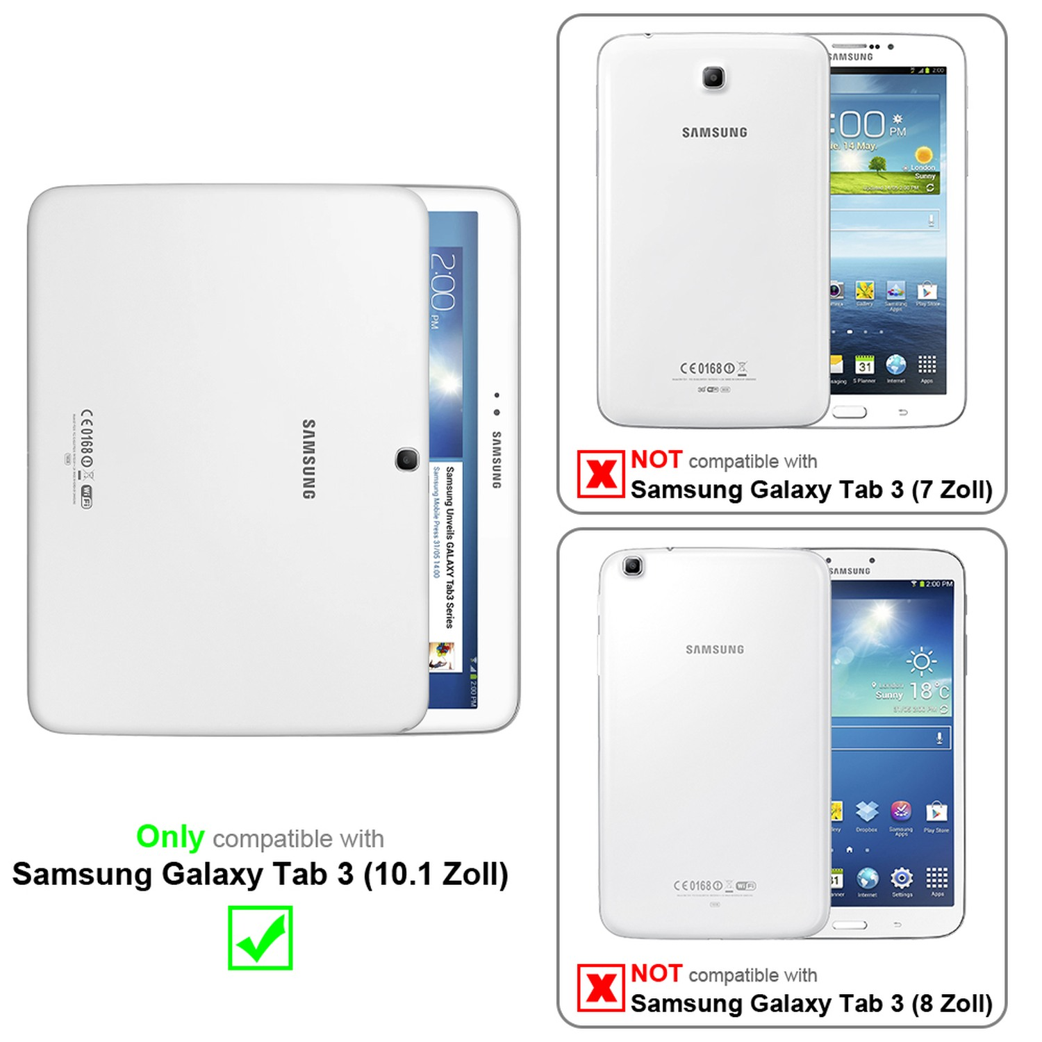 Weiße Tablet-Hülle, offen und geschlossen. Nur kompatibel mit Samsung Galaxy Tab 3 (10.1 Zoll).