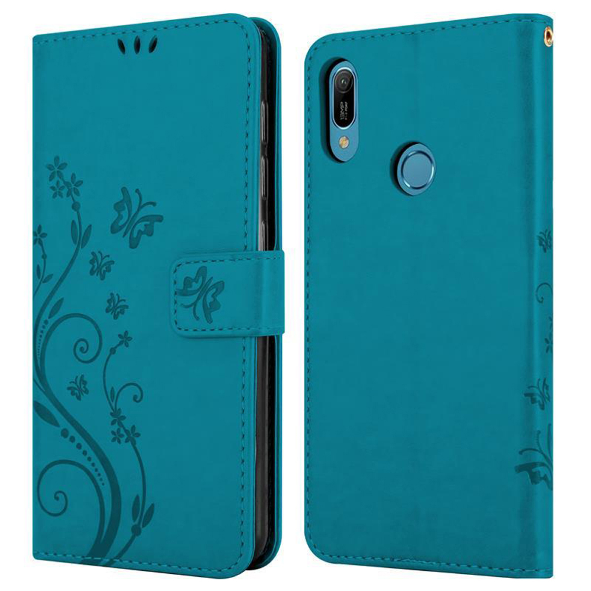 Custodia per telefono verde acqua, chiusa e aperta, con motivo floreale. Aperta mostra il telefono. Chiusa ha una chiusura.
