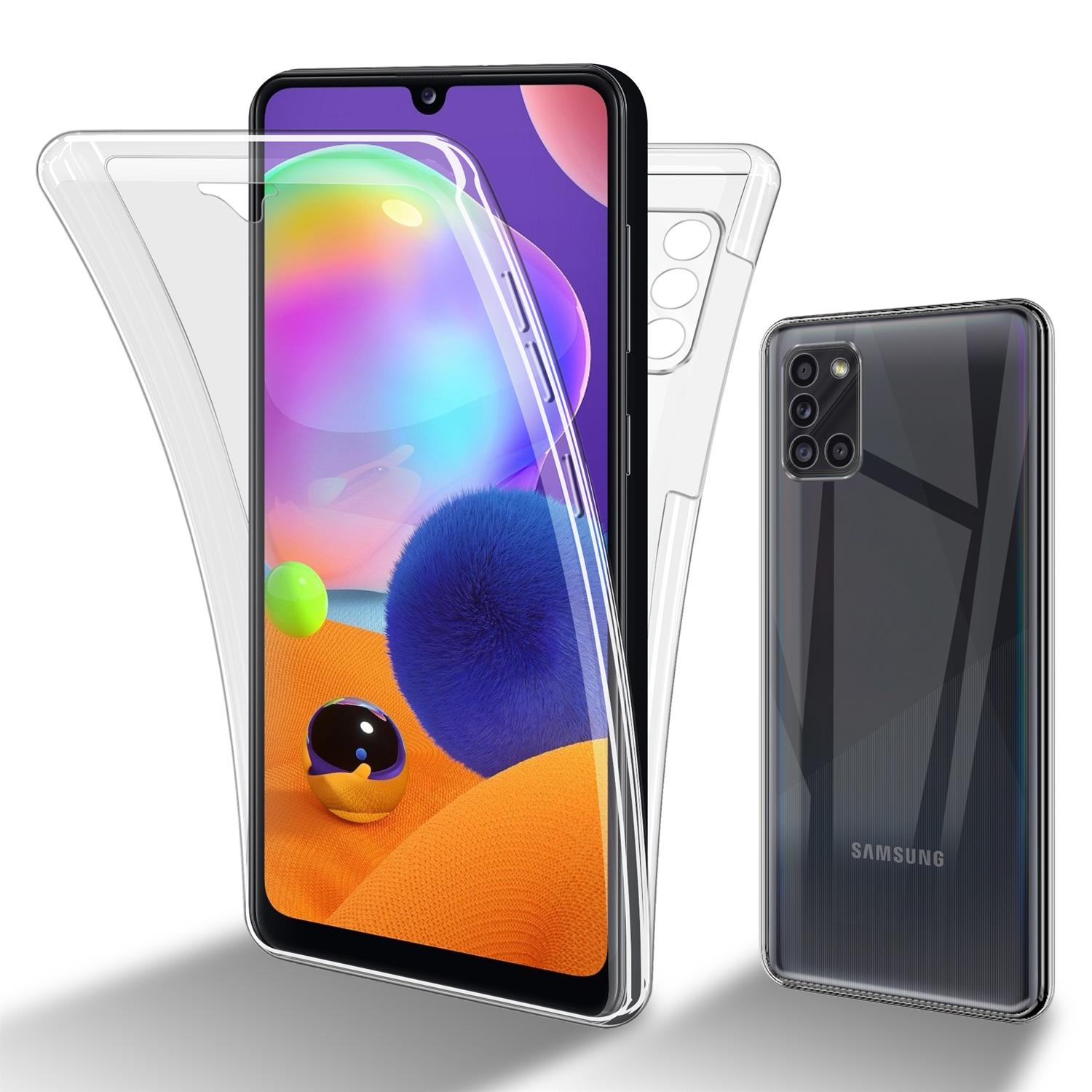 Un telefono in una custodia trasparente, più una custodia separata e un telefono con sfondo arancione.