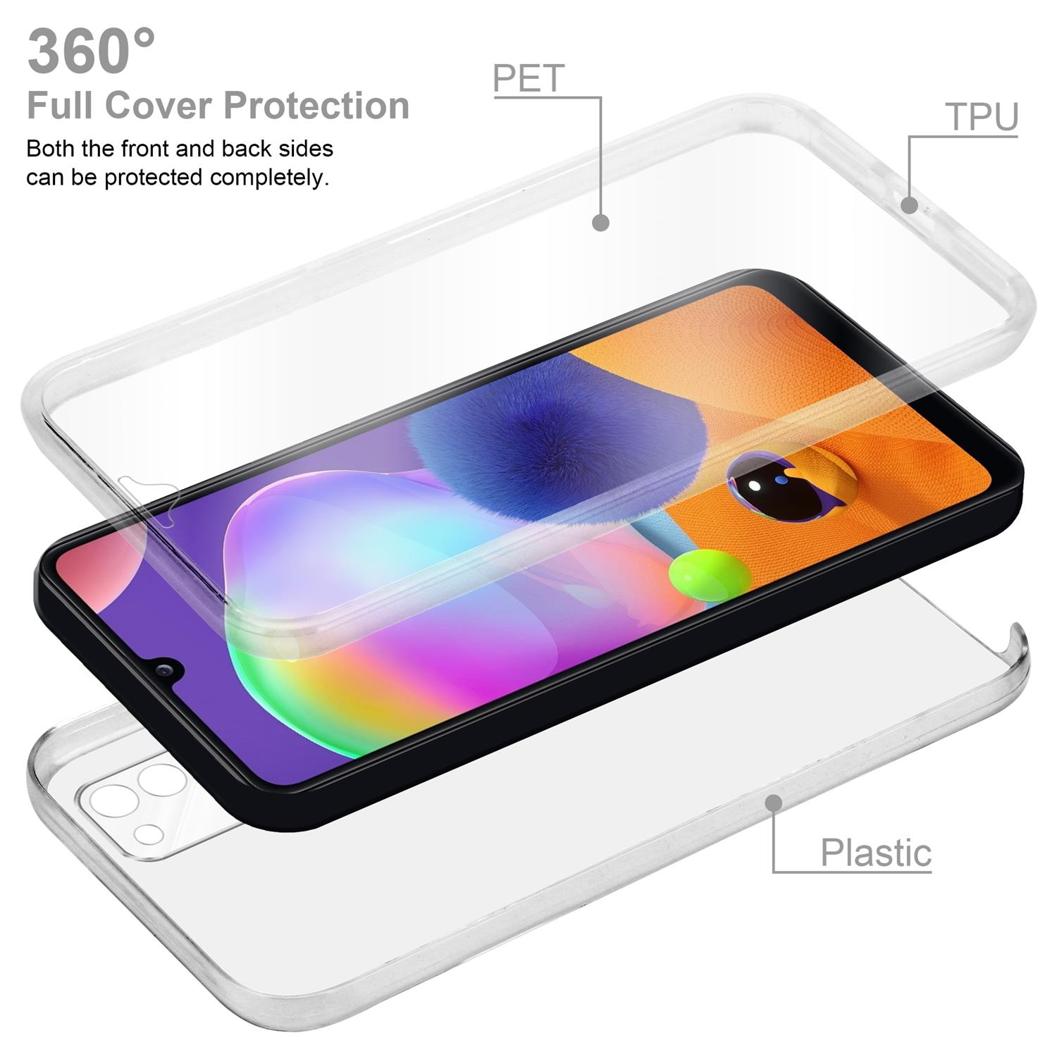 Custodia trasparente per telefono con telefono all'interno. Il telefono ha una cornice nera e uno schermo colorato.