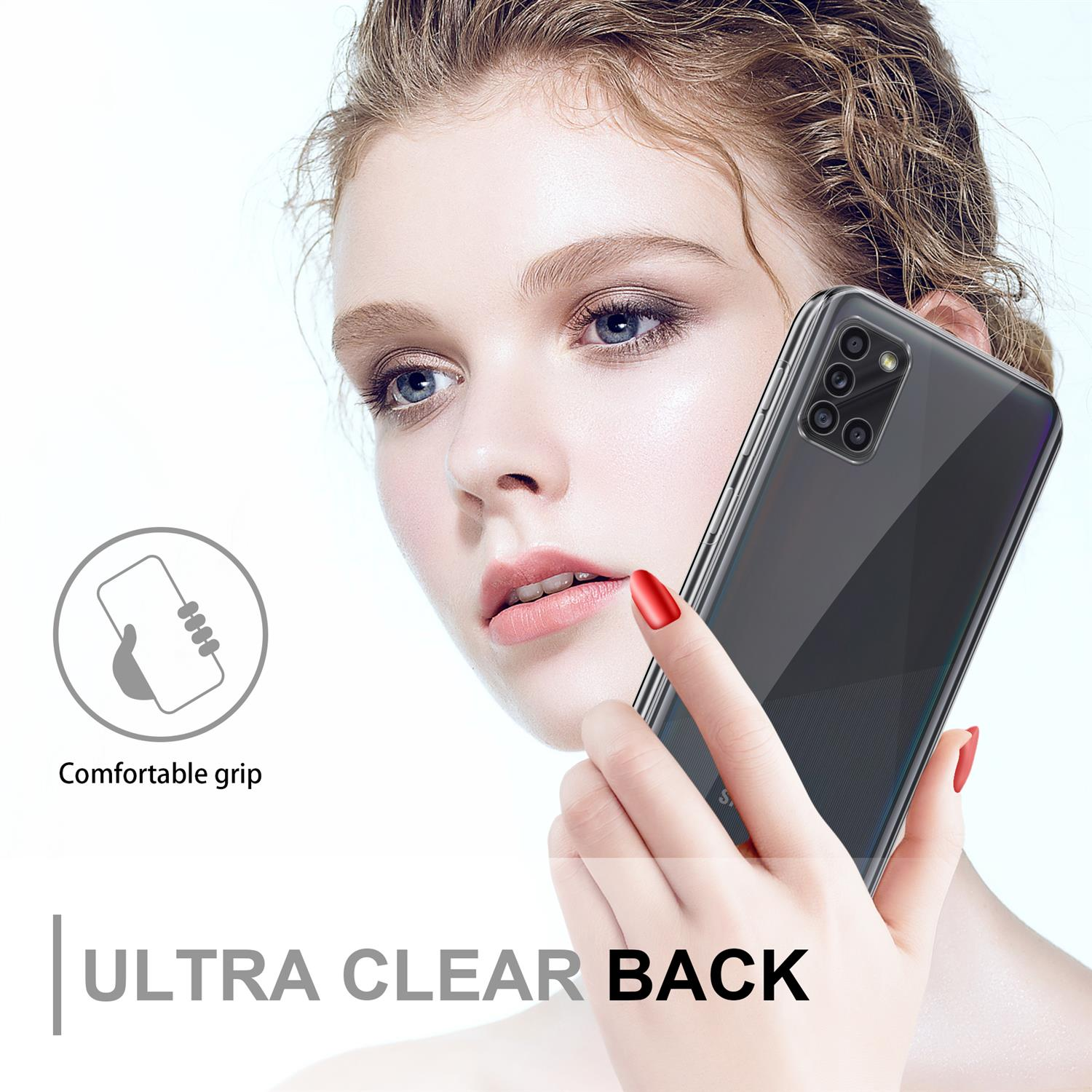 Una donna che tiene un telefono in una custodia trasparente. Il telefono ha un retro ultra trasparente, buona presa.