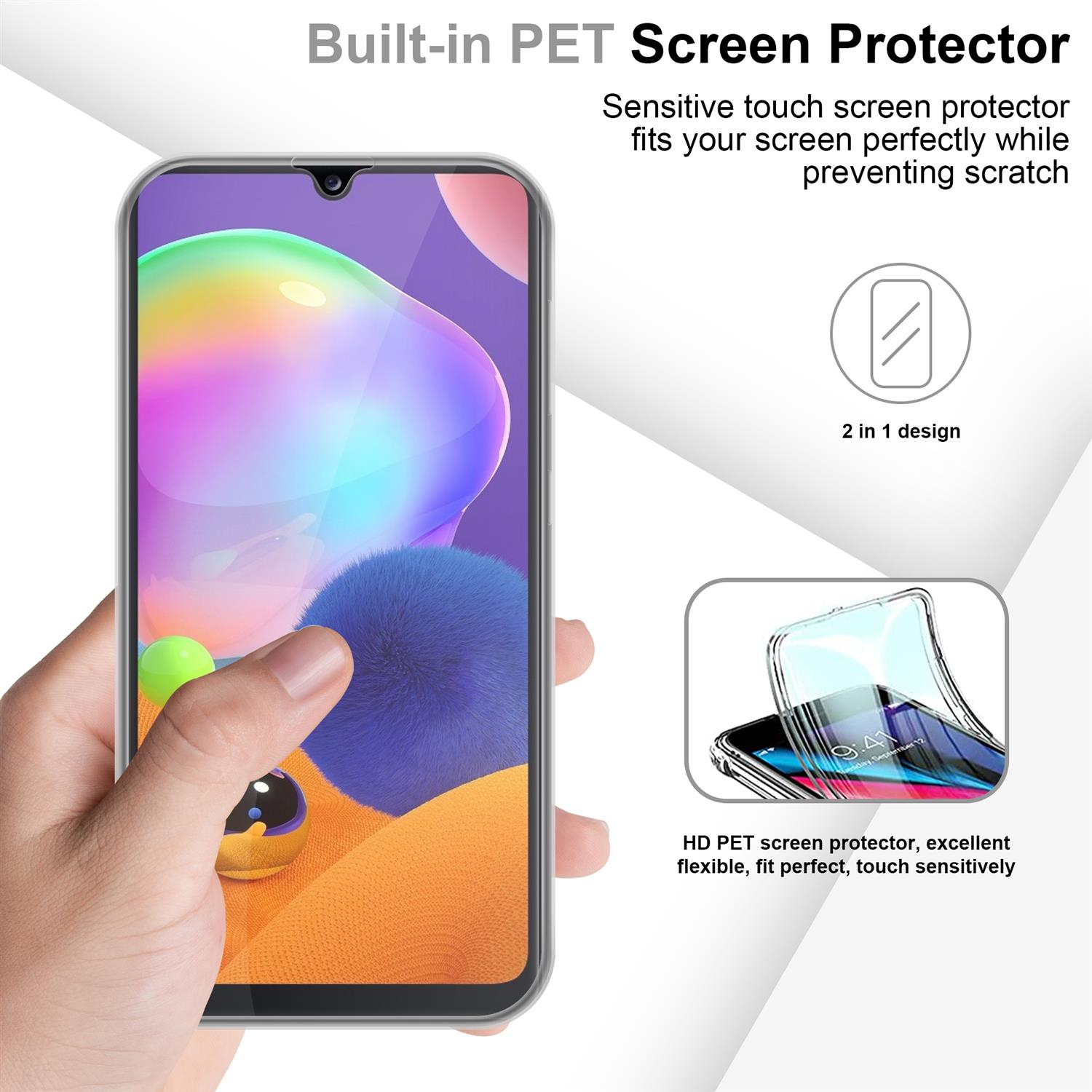 Mano che tiene il telefono con protezione per lo schermo. Telefono con app visibili. Testo: Protezione schermo PET integrata.