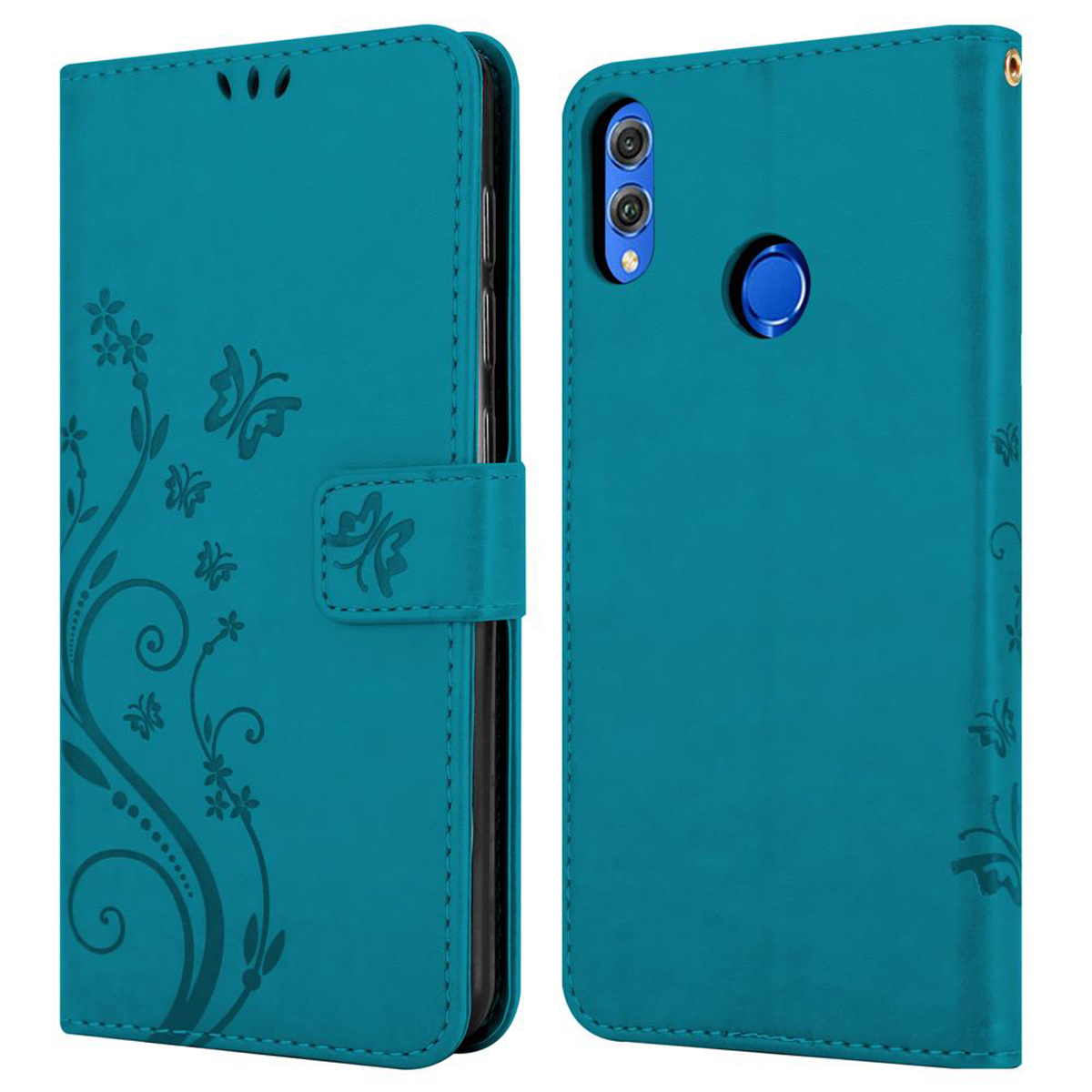 Una custodia per telefono in pelle turchese con design floreale.