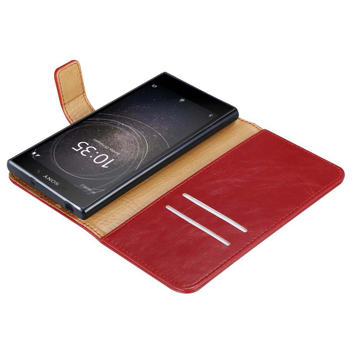 Geöffnete rote Handyhülle mit einem Telefon darin. Das Telefon zeigt die Uhrzeit an. Weißer Hintergrund.
