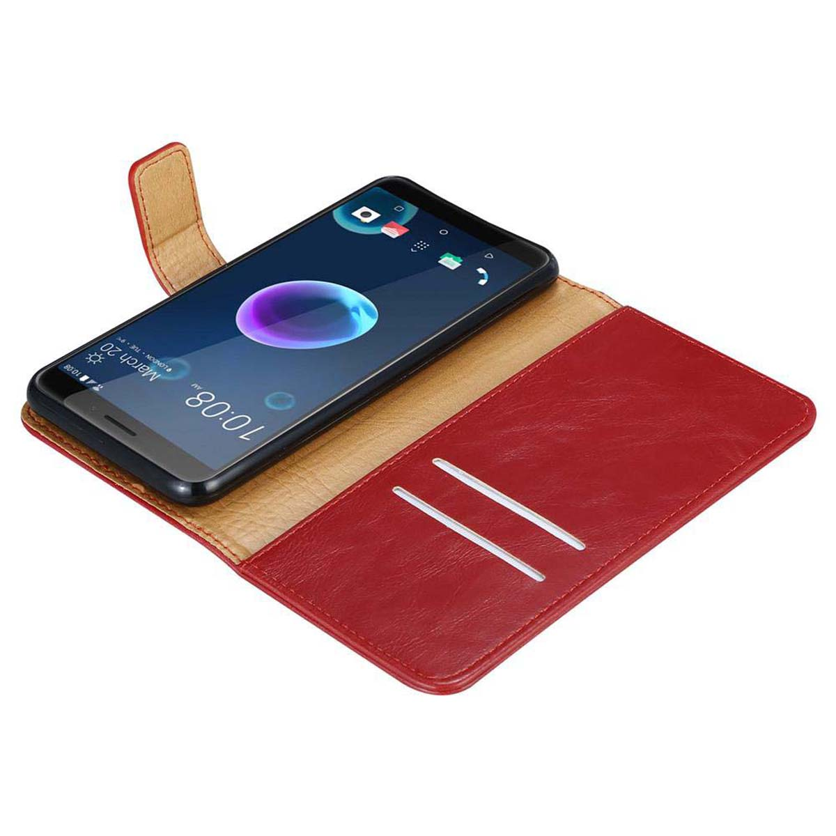 Un telefono all'interno di una custodia a portafoglio rossa aperta. Mostra lo schermo del telefono.