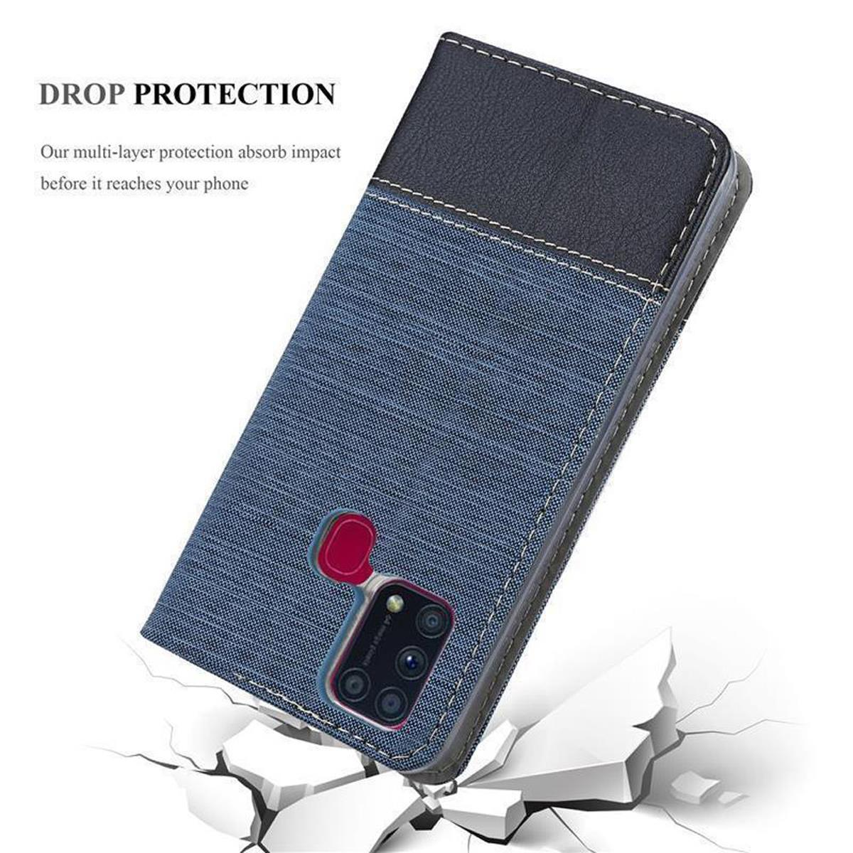 Custodia per telefono in denim blu. Parte superiore nera, protezione dagli impatti e superficie incrinata.
