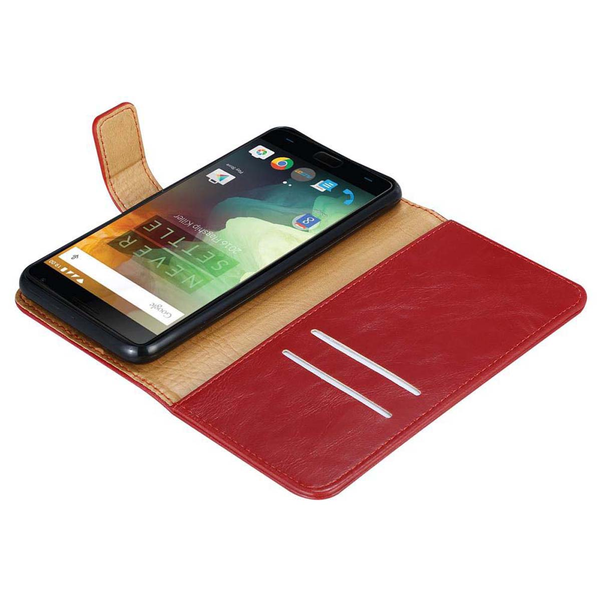 Telefono in una custodia rossa. Il telefono mostra la schermata Never Settle. Ci sono due slot per schede.