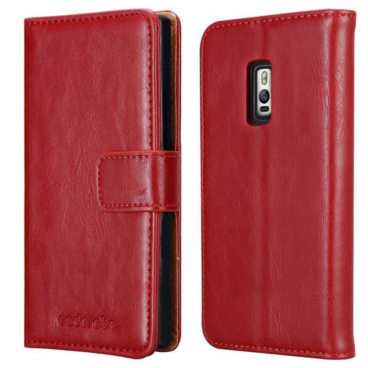 Custodia rossa con telefono all'interno, la cover aperta, mostra slot per schede.