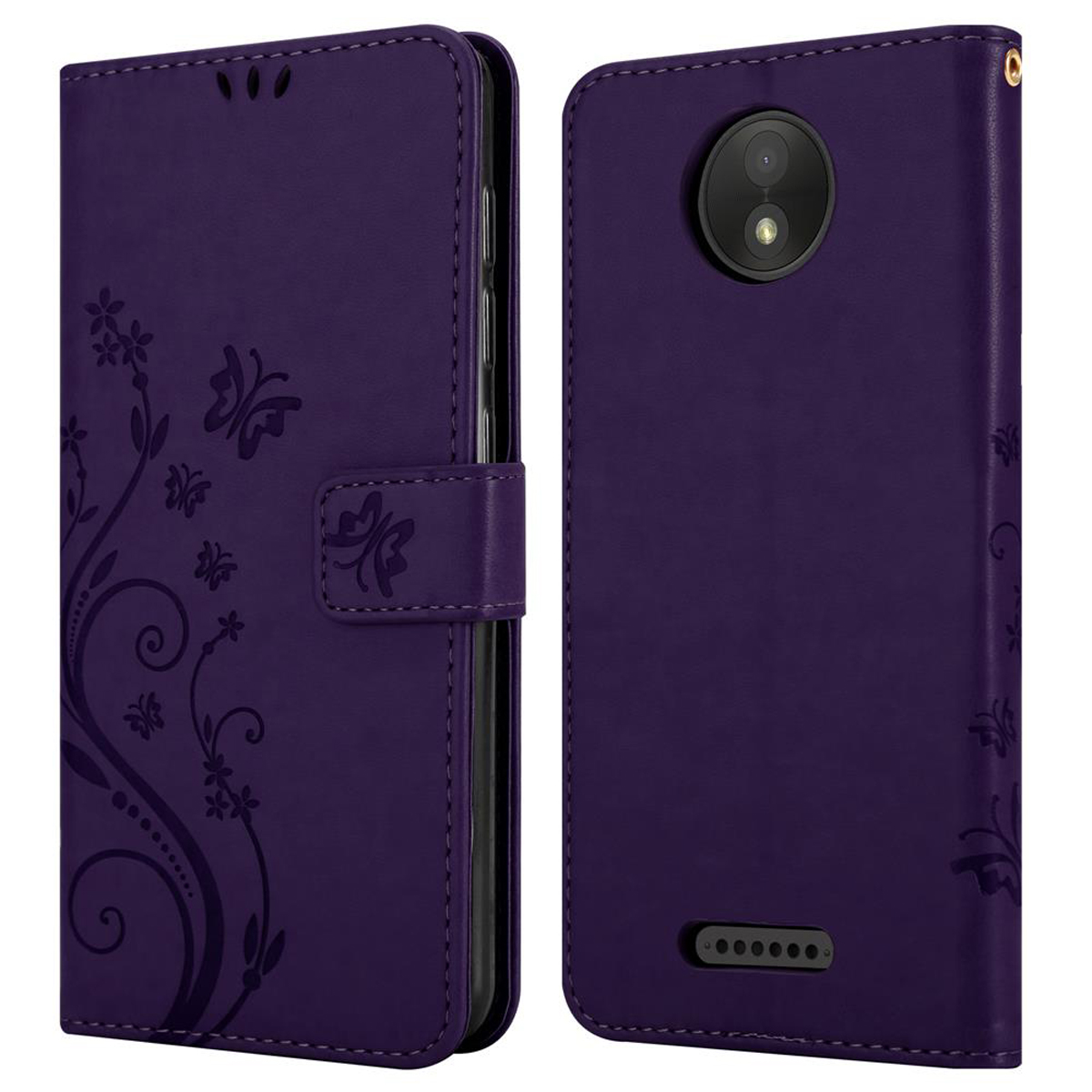 Custodia viola per telefono con design a farfalla. Chiusura e supporto.