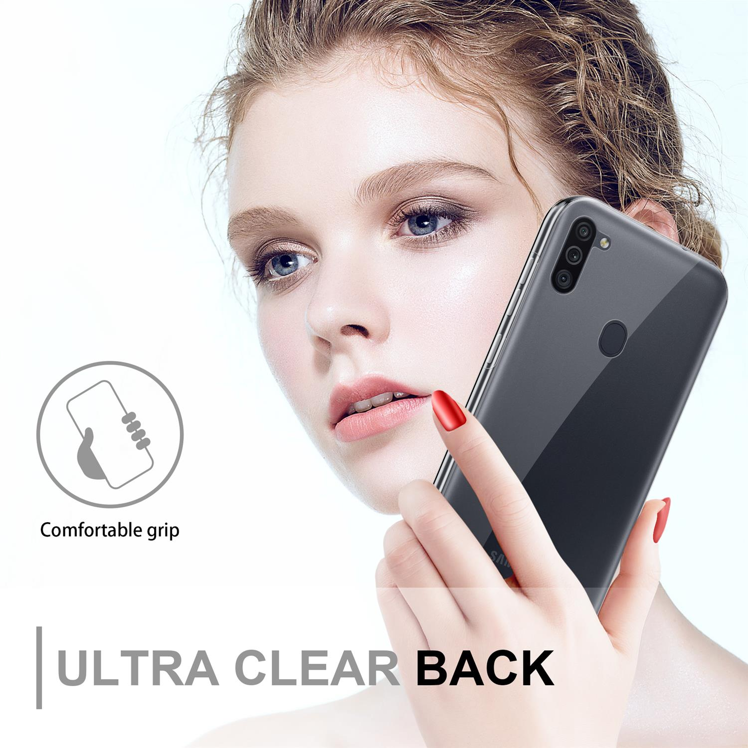 Frau hält Handyhülle, Text "Ultra Clear Back" und "Comfortable grip". Das Handy hat eine klare Rückseite.