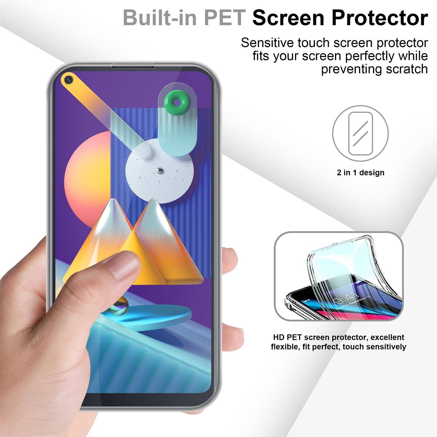 Hand, die ein Telefon mit Displayschutz hält, zwei Bilder von Schutz und Info.
