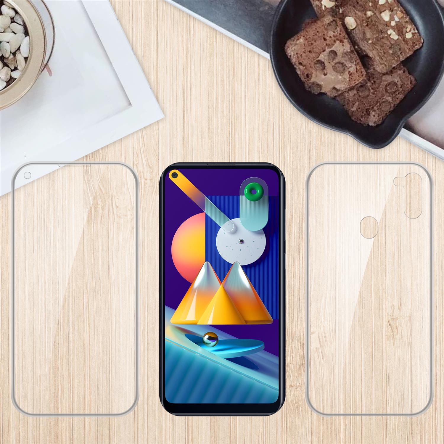 Telefon mit Displayschutz und Hülle, mit abstrakter Kunst, auf einem Holztisch.