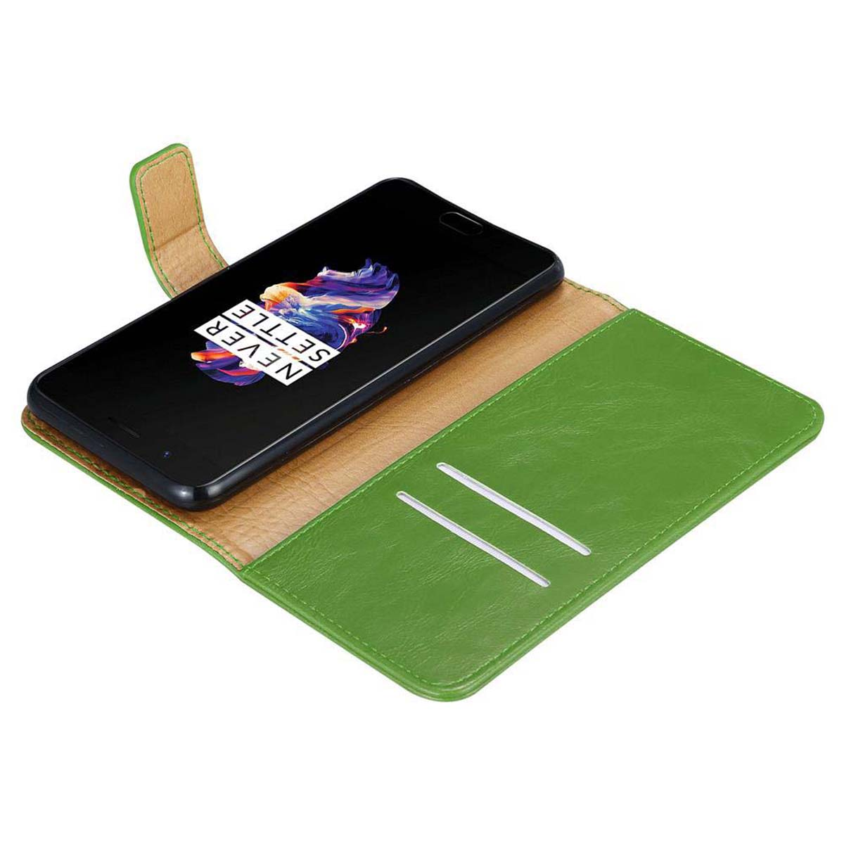 Telefono nero in custodia in pelle verde aperta con fessure per carte, logo colorato.