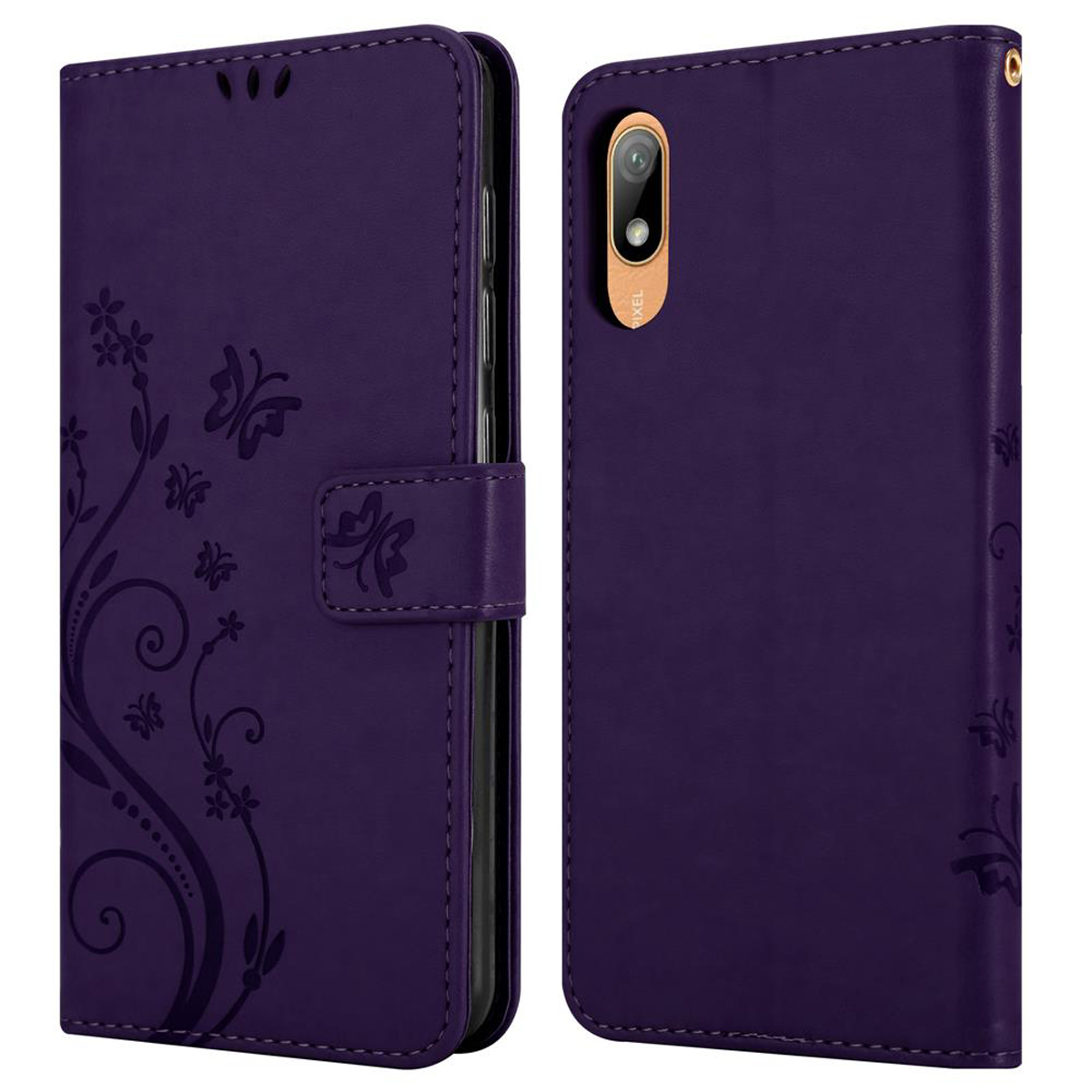 Una custodia per telefono viola, chiusa, con un design floreale e farfalle.