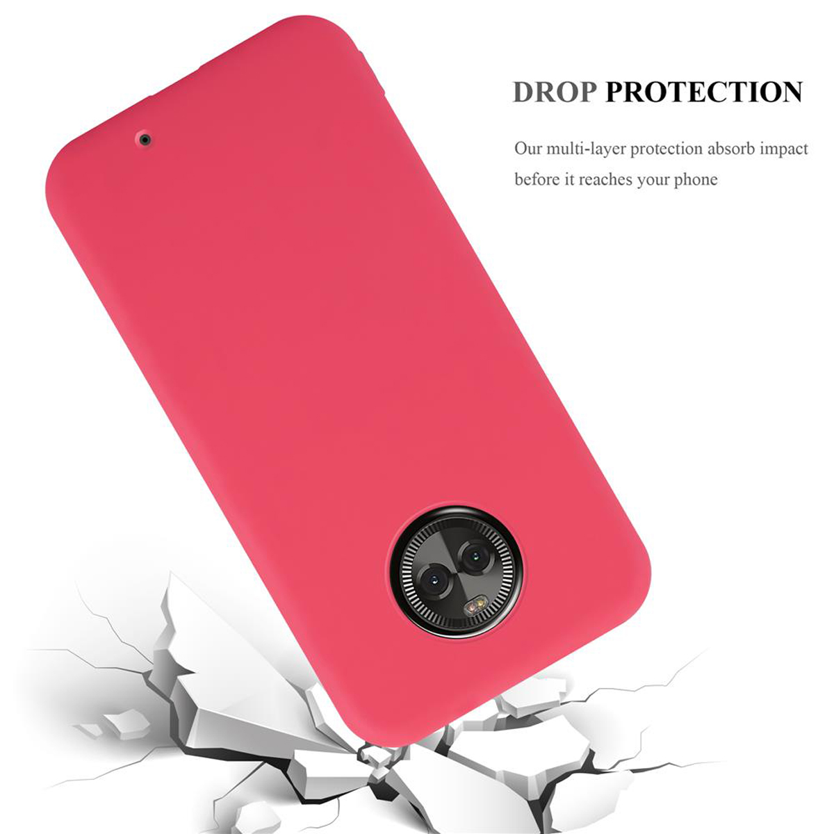 Custodia per telefono rossa. Testo di protezione dagli impatti. Custodia su superficie incrinata.