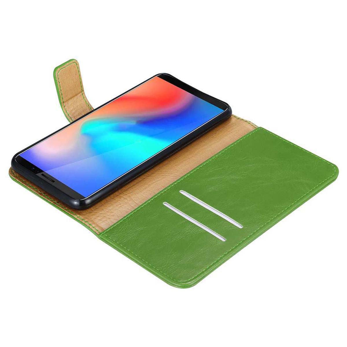 Una custodia per telefono verde con un telefono all'interno, aperta. Sono visibili due fessure per carte.