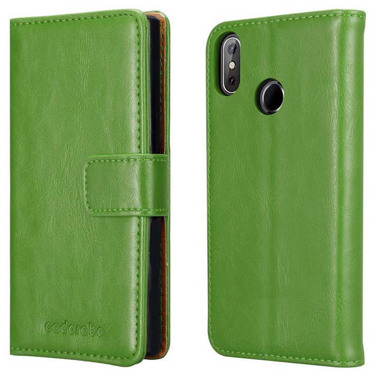 Custodia per telefono verde, aperta, che rivela il telefono. Il lato sinistro mostra la custodia.