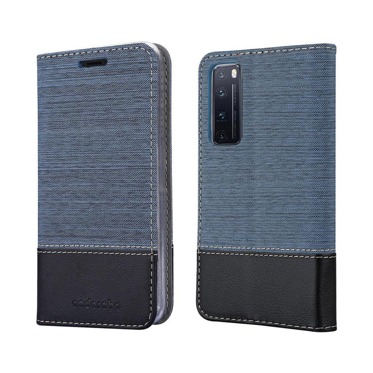 Una custodia per telefono blu e nera, chiusa, con fondo in pelle nera.