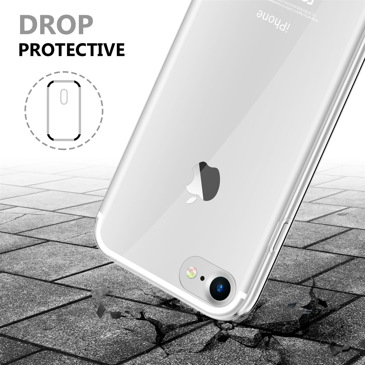 Una custodia trasparente protegge un iPhone. Il telefono poggia su una superficie di pietra strutturata.