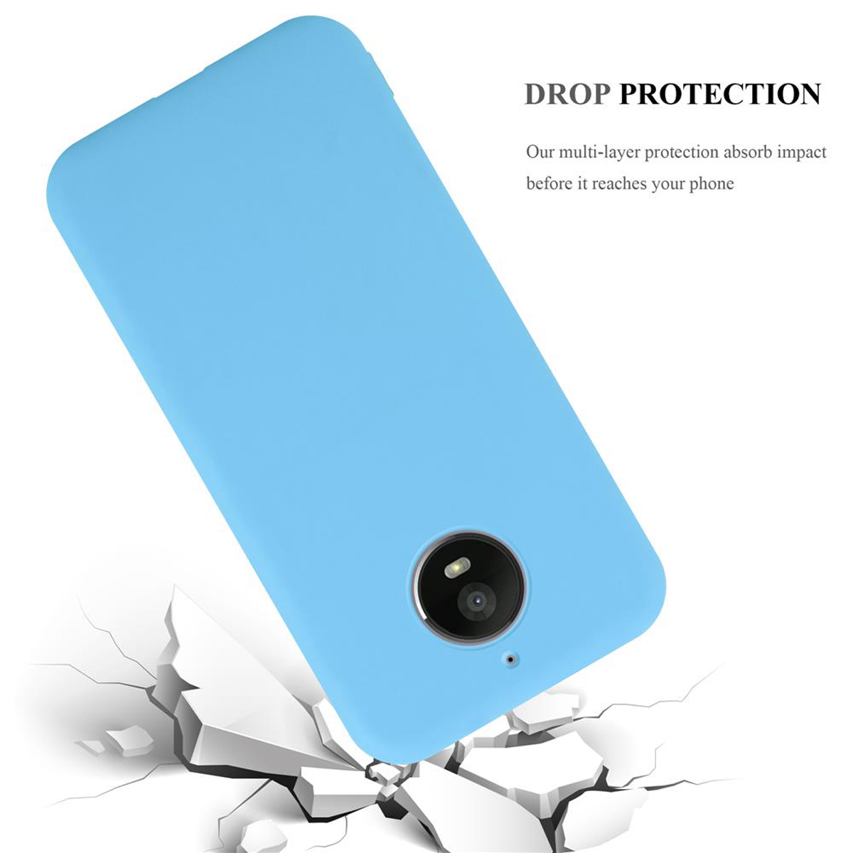 Custodia blu per telefono, angolata, con forma di telefono e foro per la fotocamera.