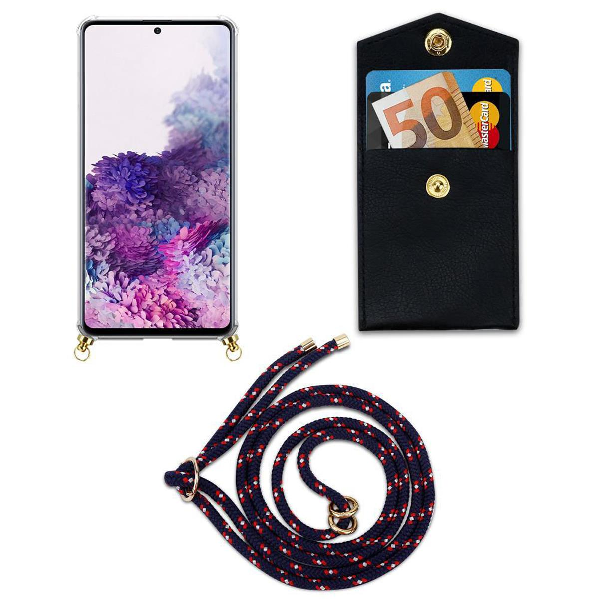 Telefono in custodia trasparente con laccetto. Portafoglio nero con carte e contanti accanto.