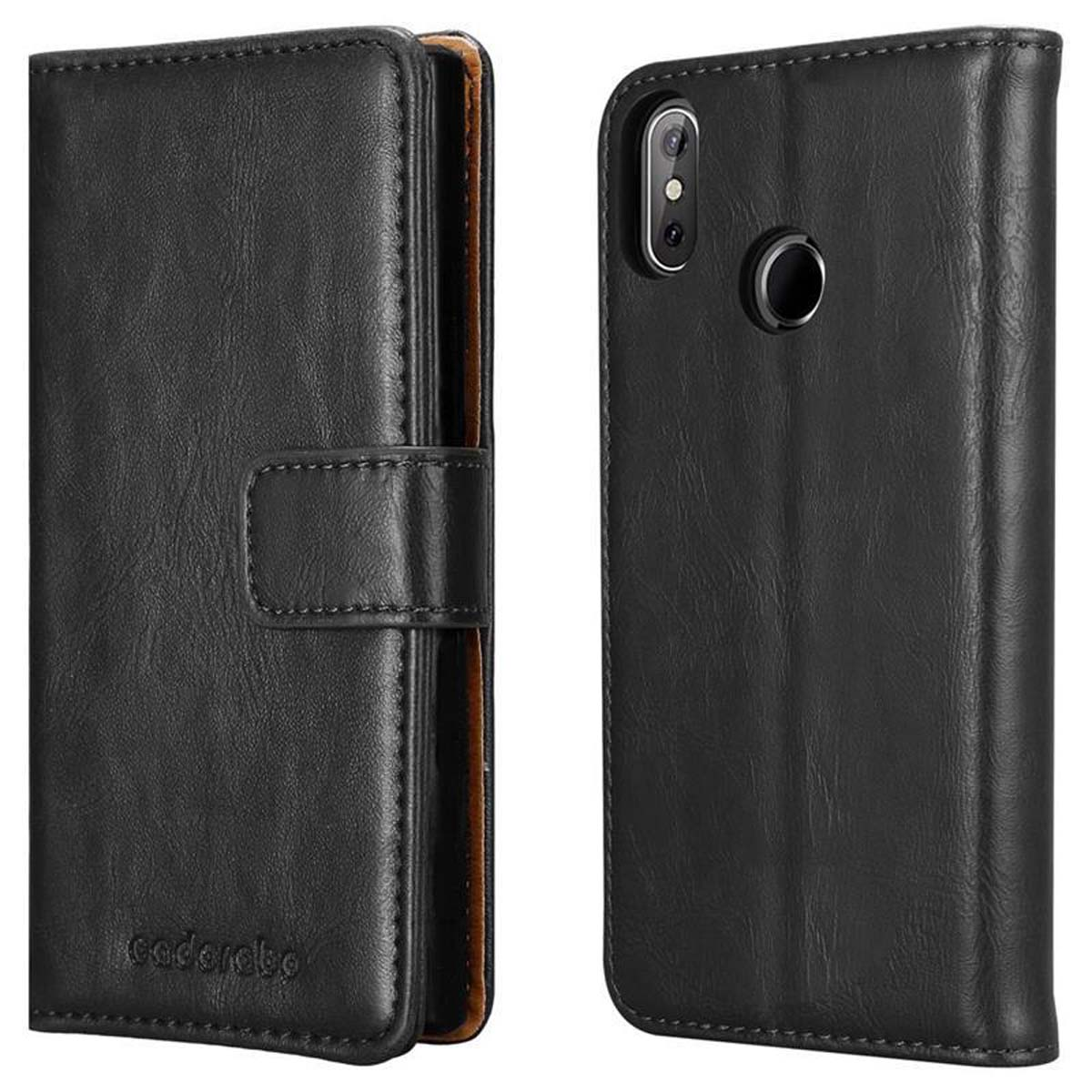 Schwarze Handyhülle, offen, zeigt ein Telefon mit schwarzem Display.