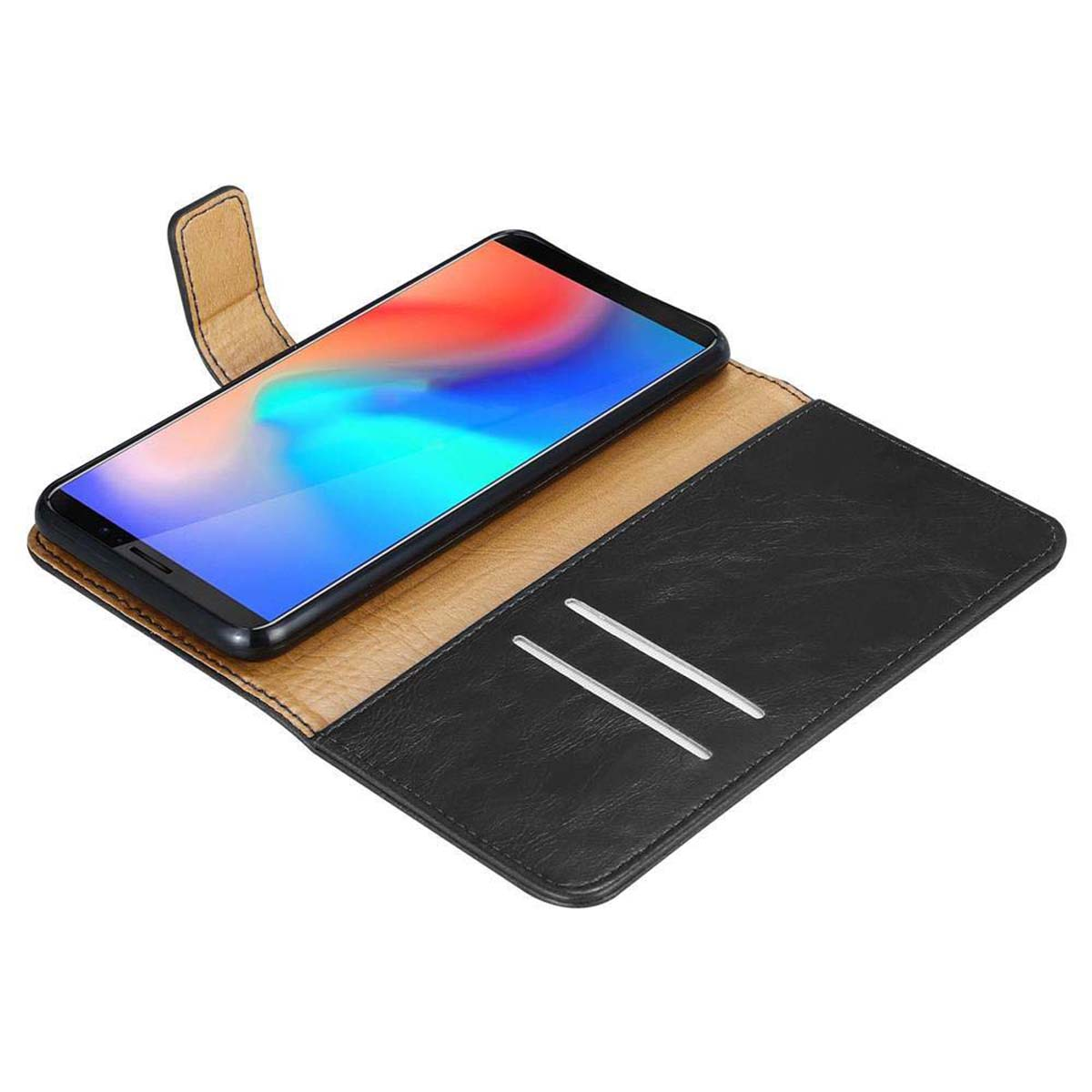 Un telefono nero in una custodia nera e marrone aperta con fessure per carte. Il telefono visualizza uno schermo colorato.